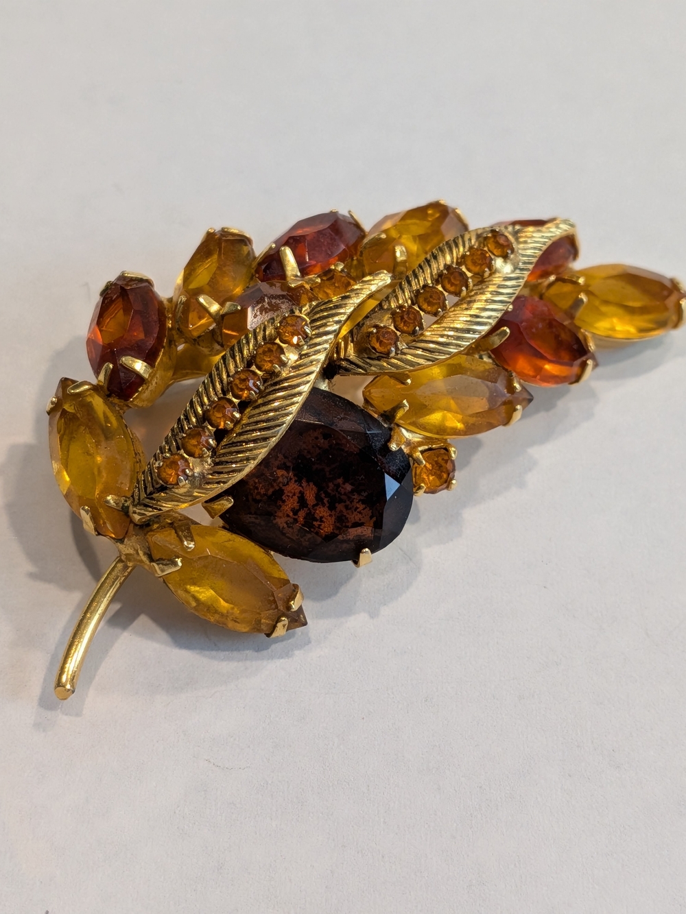 Vintage Gold-Tone Amber & Topaz Leaf Brooch - Women Jewelry